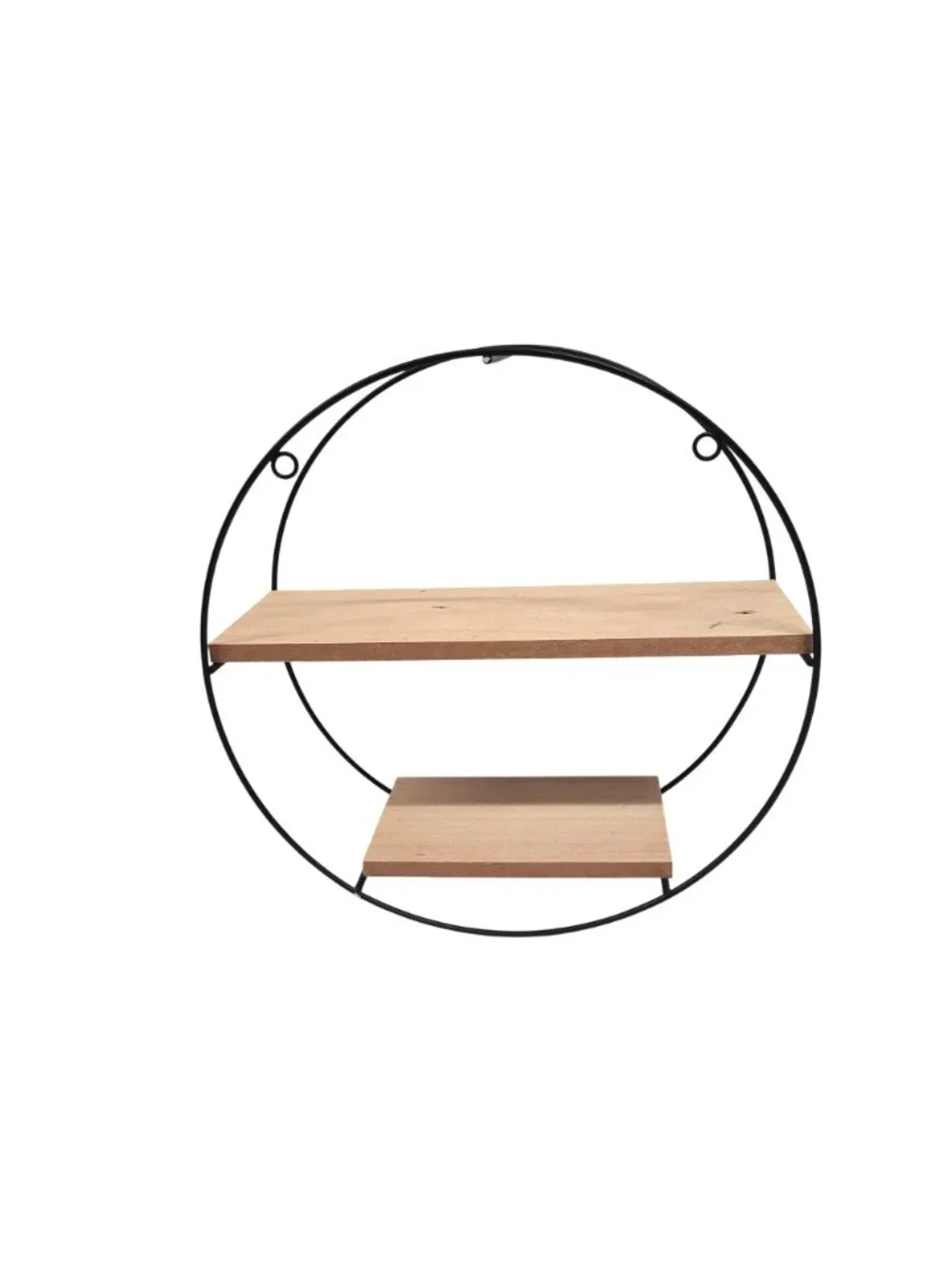Round Black Metal Framed 2 Wood Shelf Contemporary Decorative 9 5/8'' Hanging